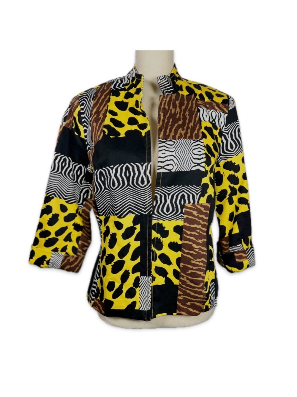 Erin London Yellow Black Brown Mixed Animal Print Jacket Size Medium Hooks